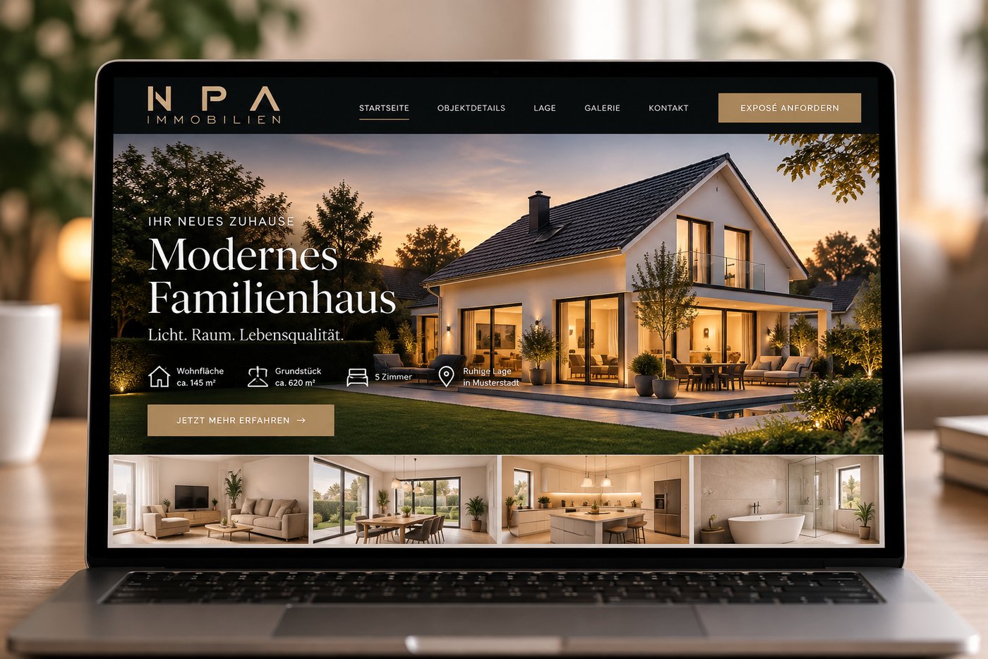Beispiel einer eigenen Landingpage für ein Objekt, mit großem Titelbild, Eckdaten und Bildergalerie