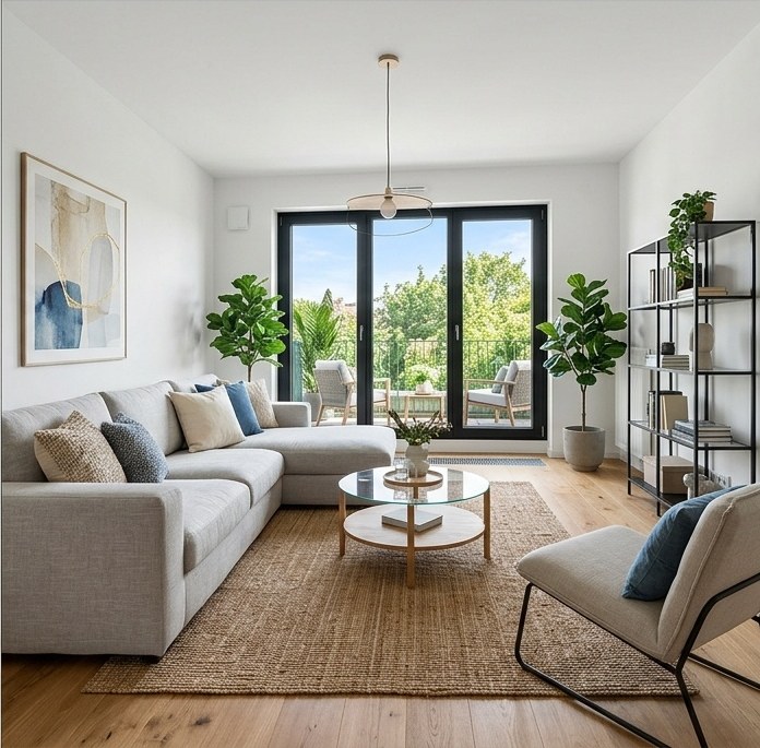 Wohnzimmer nach dem digitalen Home Staging, möbliert und eingerichtet