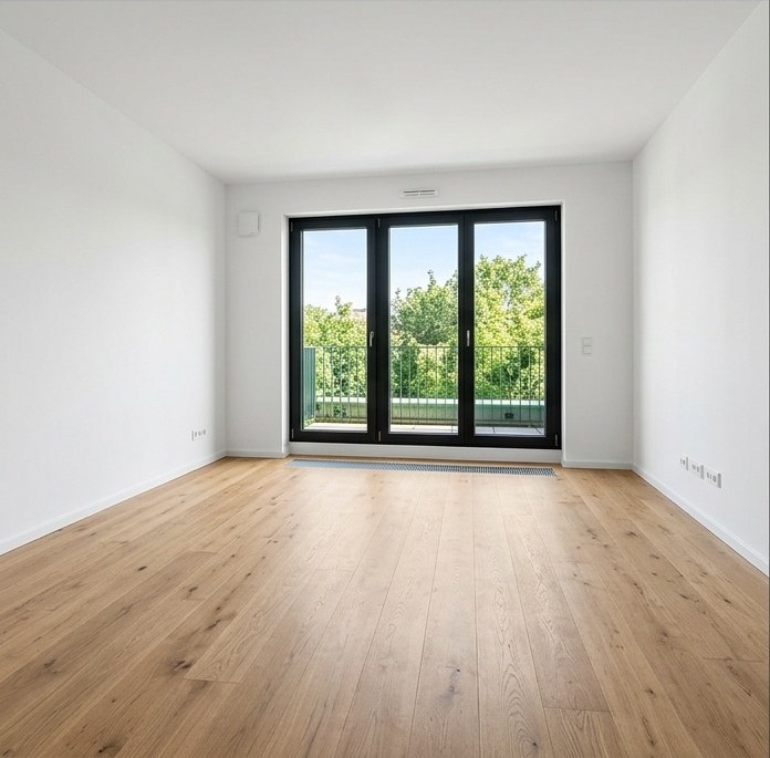 Dasselbe Wohnzimmer vorher, leer und unmöbliert